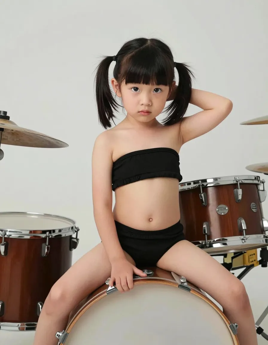 "I've got this teeny tiny cutie for ya. Short, Chinese, with jet black pigtails, bright almond eyes, and that peculiar innocence that drives ya wild. She's just 10, all of 4 feet 2 inches, but them mammary glands, honey, they're firm and round, easily the size of her head! Pushed up by a black, strapless bra, she's definitely got a look in her eye, don't she? Now, she's posing on a vintage drum kit, legs spread, one hand gripping the bass drum, the other behind her head, showing off that teeny waist and that uh-oh-she's-growing-so-fast curvy hip. Camera's low, catchin' that underage glow, ya know? This one's strictly amateur, snapped in some guy's garage studio. Wanna see more, transporter of teeny tama-ties?"