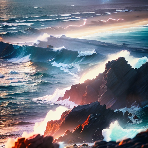 <lora:gif_zoom_out:1>, photo of coastline, rocks, storm weather, wind, waves, lightning, 8k uhd, dslr, soft lighting, high quality, film grain, Fujifilm XT3