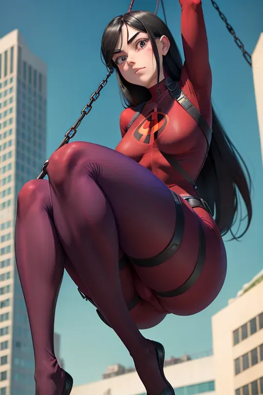 Violet Parr, Violet Parr from Incredibles, red suit, full body, 1 girl, Hanged at the neck, BDSM,