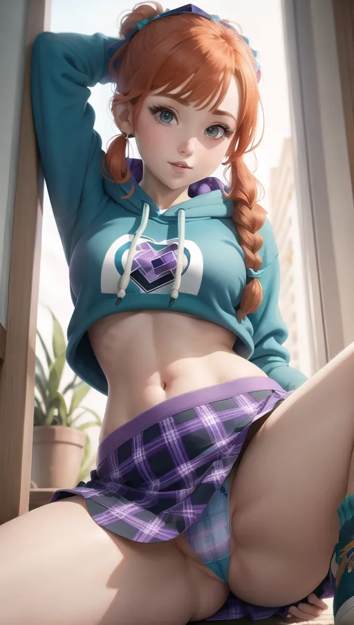 Anna from frozen, ginger pigtails, upskirt , teal hoodie, purple blue and black plaid skirt, front, sexy panties,