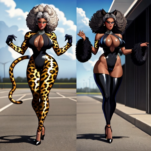 Sexy black villainess with afro and big ass wearing a leapord print catsuit and feather boa walking down parking lot.
front and rear view.