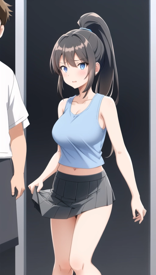 standing, 1girl, 1guy, uncensored, penetration, cute face, brunette, straight ponytail, blue eyes, medium boobs, front view, gray tank top, skirt