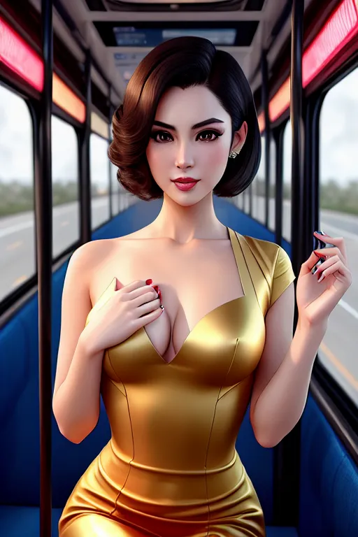 a digital painting of,blake blossom,wearing ao dai,doing sexy pose,in the bus,small breasts,five fingers per hand,short hair,gorgeous face,beautiful lips,brown eyes,curved eyebrows,pale skin,satisfaction,wearing golden ring,studio lighting,artstation,8k,bokeh,cinematic lighting