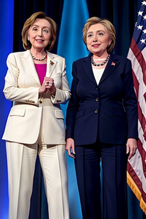 Nancy Pelosi and Hillary Clinton, standing on stage while nancy gropes Hillary, smiling