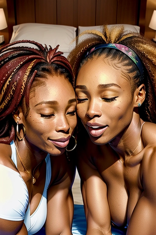 Colour painting of (((Venus Williams))) and ((Serena Williams)) ((accurate faces)), slim athletic bodies, (((naked))), ((bare thighs)), smooth skin, sexy butts, fine beautiful bodies,((detailed skin features),(detailed face features), beautiful faces, (detailed body features), beautiful eyes, in a bedroom, making lesbian love, (((They are having a sneezing fit))) with (((their nostrils flaring))), ((their eyes closed)) and (((their mouths wide open))),