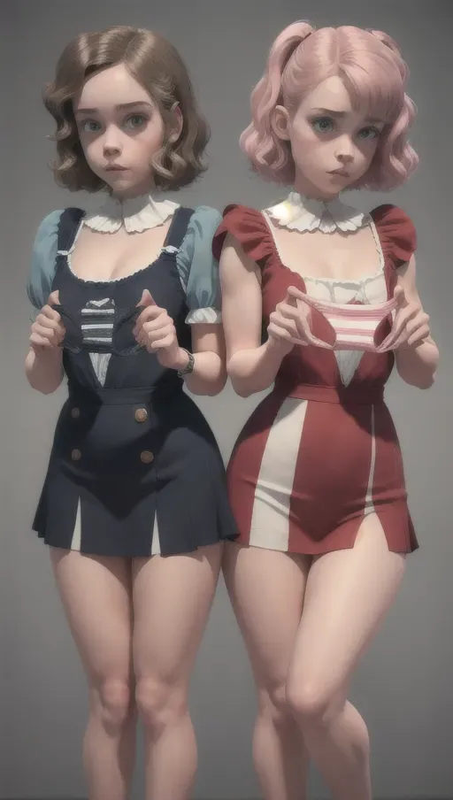 <lora:dpmg_presenting_panties:1> 2girls, The Grady Twins, presenting panties, striped panties, best quality, highly detailed, realistic, standing, 8k