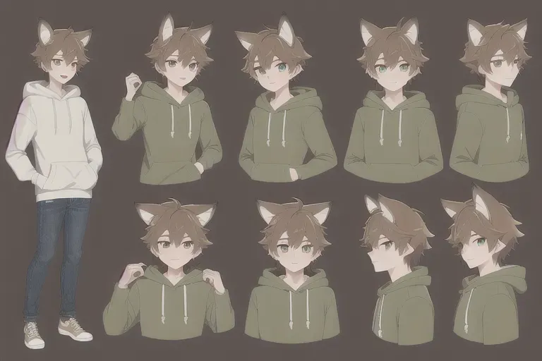 high quality, detailed, anime boy, brown hair, green eyes, short sleeve hoodie over long sleeve shirt, jeans, wolf ears on head, fluffy ears, fluffy tail, adventurer, Isekai, innocent, cinnamon roll, full body reference, character sheet, vampire fangs, happy