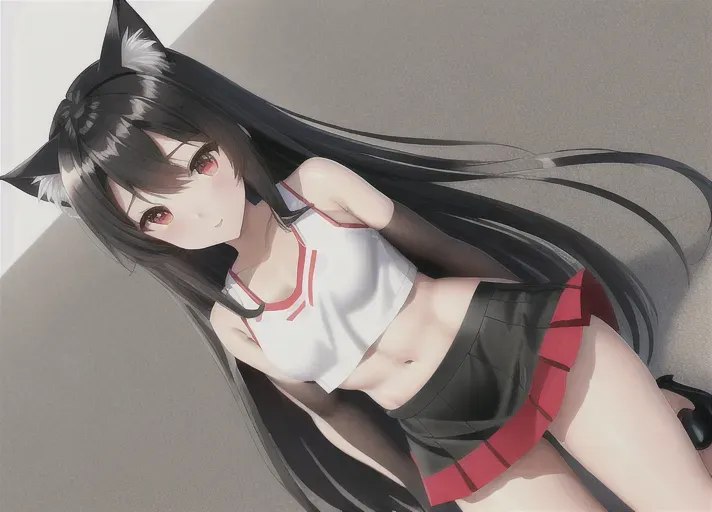 best quality, high res, Neko, Cat ears, flat chest, toned Body, Sixpack, black Hair, Long Hair, Red eyes, crop top, mini skirt, high heels, full body visible