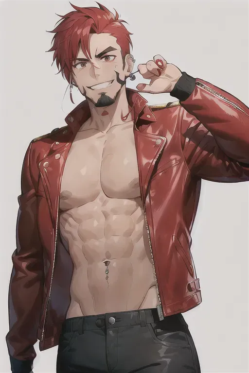 1 male ,
fairly muscular,
french man with pencil thin mustache,
red hair, red leather jacket
several nose piercings and a toothy grin,
black undershirt, gang themed
arizona desert background,anime styled art