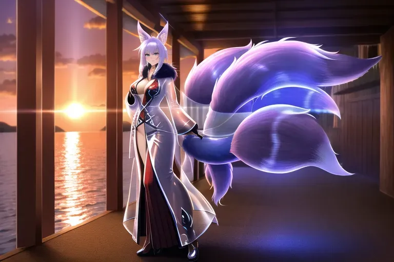 wide shot, 20 year old, a nine-tail fox, insanely beautiful, transparent raincoat, holographic, bar, sunrise, natural light, happy, 8k, professional