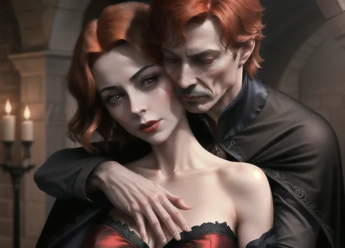 an older distinguished short black-haired masculine Dracula with very high collared cape, embracing Sweet innocent beautiful elegant auburn haired in a low bun Queen Anna of Arendelle in green portrayed by Willa Holland deeply hypnotized and enthralled, fingering recent hickey on her neck from behind kissing her neck. PHOTOREALISTIC.