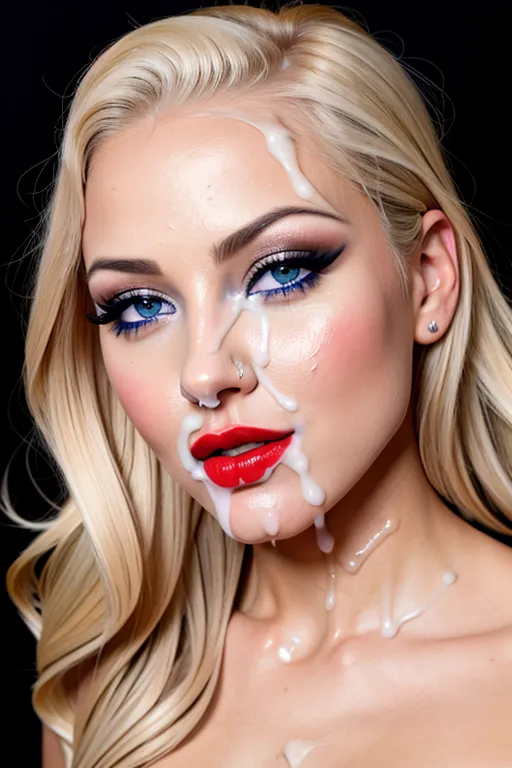 a 8k high resolution photo of beautiful blonde female, ((dpmg_face_cum_v1)),(((cum on face))), ((a lot of cum on face)), ((cum in hair)), (((cum on chin))), (((cum on eyes))), (((cum on forehead))), (looking straight into the camera), (fake eyelashes), detailed female anatomical features, (heavy black eyeliner), (((red lipstick))), textured skin, (blue eyes),