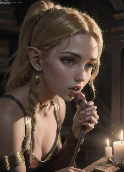 A beautiful elven girl, ponytail, nineteen years old, (((performing fellatio))), realistic exposed penis, sword and sorcery setting, high-detailed skin texture, (((accurate face))), (((high-detailed face))), (((photorealistic))), ((8k resolution)), ((masterpiece)), ((slim hips)), ((color photograph)), neat pubic hair, earrings