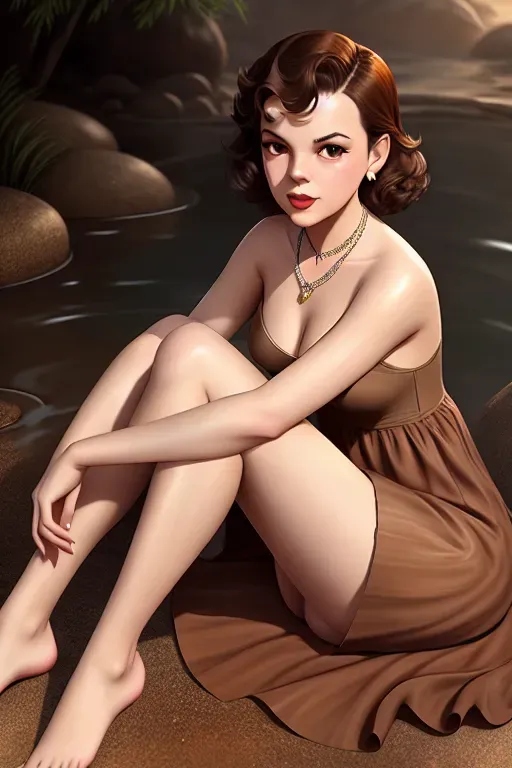 a digital painting of,Judy Garland, wearing a brown primitive dress, lying on the ground in the foggy hot springs,legs and feet in the picture,small breasts,breasts covered, skinny body,ass in view,five slender fingers, long hair, longer hair,charming face,seductive gaze,beautiful lips,curved eyebrows,smooth skin,peaceful,wearing necklace,highly detailed,brown eyes,cgsociety,evening,editorial,sharp focus,pixiv, long eye lashes, small ass, accurate face