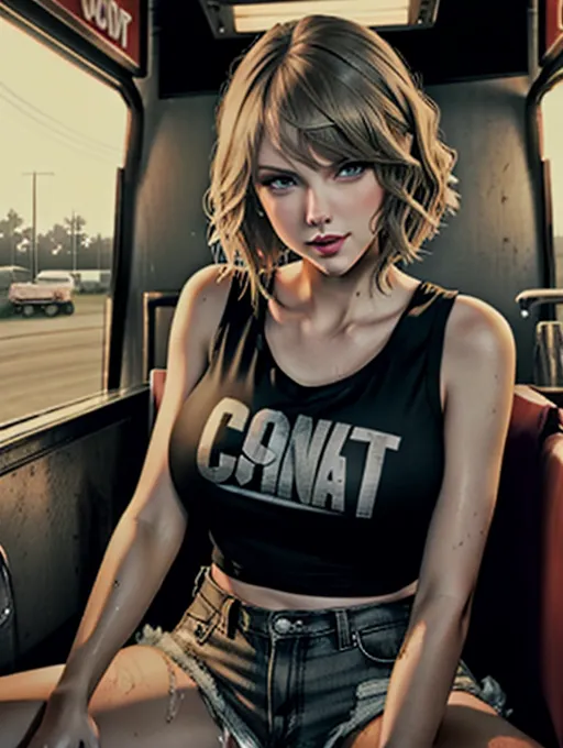 a realistic concept art of, (Taylor Swift)(((as a prostitute))), (((smiling))), ((accurate face)), ((accurate face)), (((outside a trailer park truck stop))),show full body, ((wearing a cutoff wet tee))(((cutoff shorts))), sexy pose, sperm on face, sperm on breasts, (perky B cup breasts), five slender fingers, black hair, (((very short messy haircut))), beautiful face,beautiful lips,detailed large eyes,curved eyebrows,cgsociety,cinematic lighting,studio lighting,professional,editorial, (leaking cum from asshole), (((getting sodomized with a thick black cock))), sodomy, sodomized, forced sex, forced to suck black cock, (rough angry sex), violent, cum in hair, (cum dump),dpmg_threesome_v1,(((getting pissed on)))