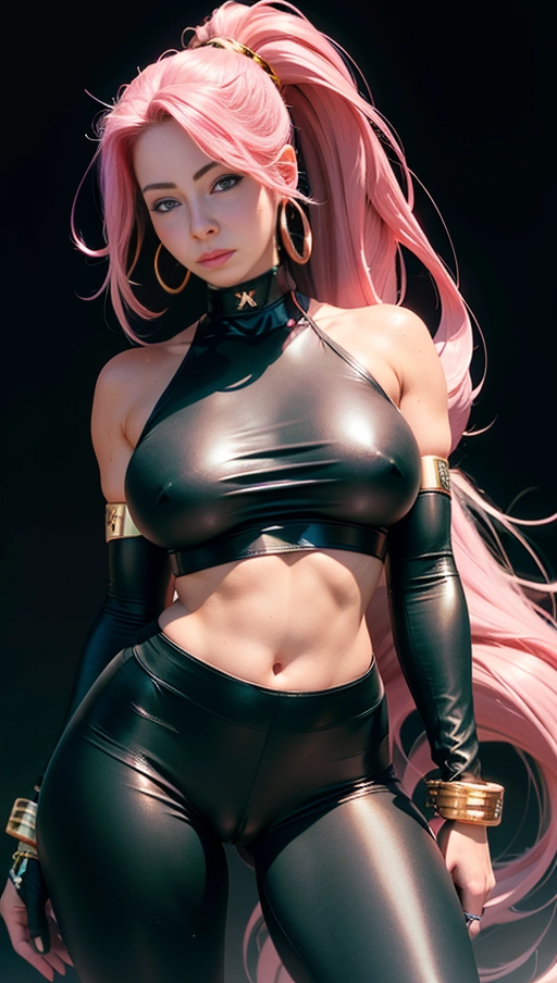 best quality, (((ultra high res))), (((detailed face and eyes))), (perfect face), big shining heart choker, earrings, jewelry, ((long voluminous hair)), (((long black gloves))), ((pink hair)), straight hair, (((golden bracelet))), ((single ponytail)), (((huge golden hair cuff))), ((skintight crop top)), long sleeves, (lipstick), ((((neckholder top)))), (((skintight))), ((neckholder)), (((leggings))), ((((very long hair)))), black boots, ((cameltoe)), dark background