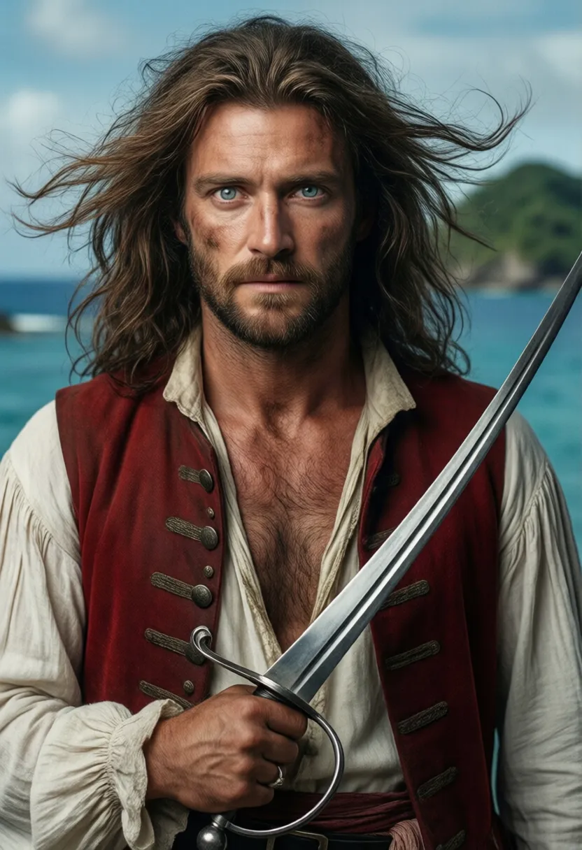 Holding a rapier an adult male pirate with long swept back brown hair, light blue eyes, stumbled facial hair, 1820s era white shirt and red vest, chest hair, holding a rapier, chest hair, 8k, cinematic lighting, island background