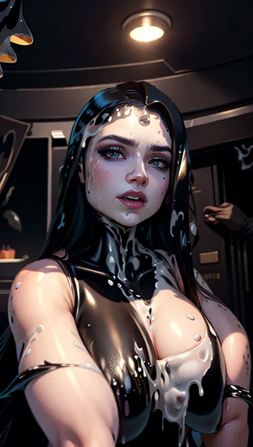 best quality, (((ultra high res))), (detailed face and eyes), female symbiote transformation, (((symbiote goo everywhere))), (black goo), very long hair, white eyes, bathing deep in black goo, symbiote face mask, symbiote bodysuit, whole body transformed