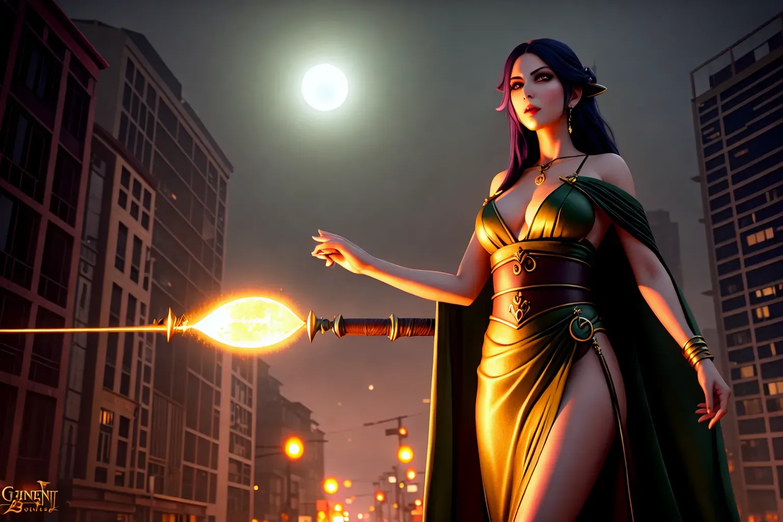a concept art wide shot of (Samara Weaving)(completely accurate face)(glaring eyes), (sadistic malicious facial expression), full body, on a foggy modern city street at midnight(Dark night) (levitating flying floating hovering off the ground)(in midair), (slutty Sorceress Witch Mage),(wearing Long greek toga green Sorceress gown)(sash)(dark Magic)(pale skin)(casting love spell),(skinny slender athletic physique)(wind swept)(wispy hair tendrils sides), (very tiny perky breasts), five slender fingers,beautiful face,beautiful lips,detailed large eyes,curved eyebrows,cgsociety,natural lighting,professional,editorial, (oily skin glistening)(bokeh)
