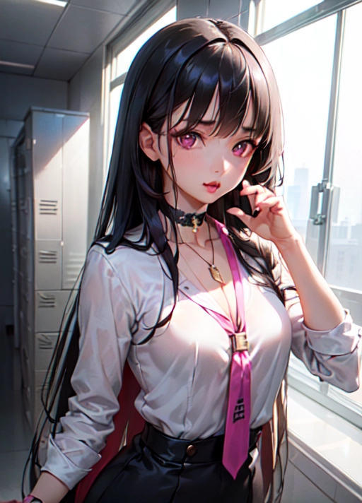 photorealistic, 8k, accurate face, (((detailed face))), (((replicate inspiration face))), full figure shot, shining eyes, female face, cute, 21 years old gorgeous, luxuriously long black hair, lipstick, bangs, small breasts, choker, necklace, pendant,
wearing pink stewardess outfit, in locker room,