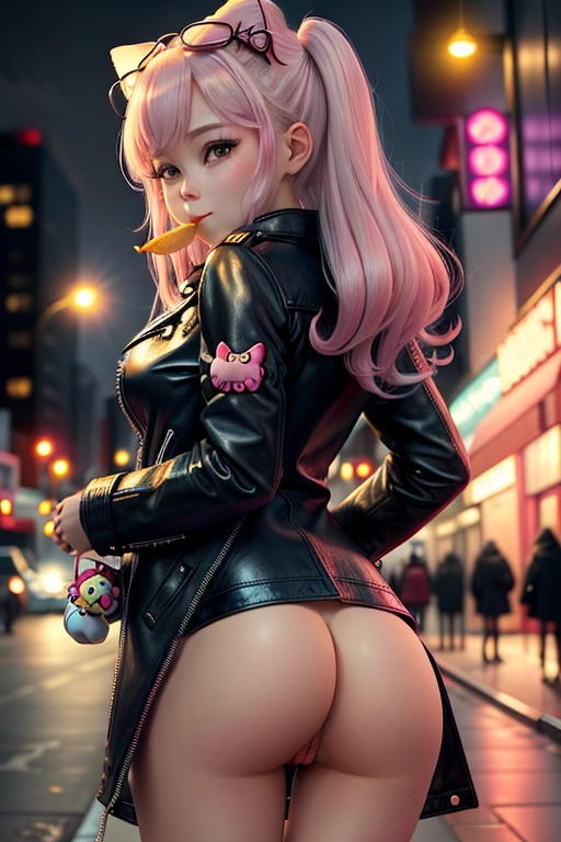 hello kitty, naked, leather coat, in the city, night time, happy, shy, eating chips, small tits, large ass, large tentacles, fucked in ass