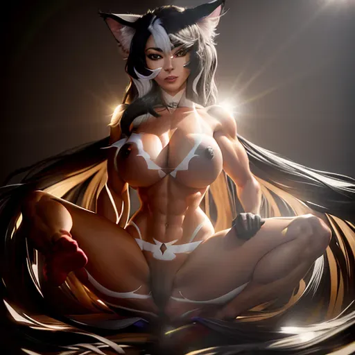 photograph, 25 year old, a cat girl, fit, naked, black, gym, day time, studio light, happy, 8k, professional