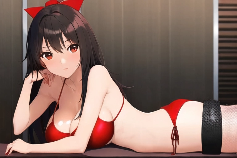 1 girl, red bikini, black hair, indoor spa background, hot, small breasts, tiny boobs, 30years old, adult woman, A cup breast, brown eyes, laying on a massage table, massage room