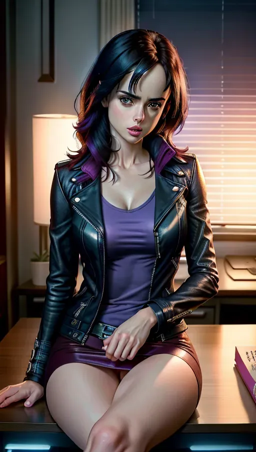 8k resolution photo of jessica jones masturbating while sitting on her desk, realistic, accurate face of krysten ritter, fingering her pussy