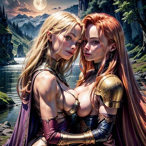 High fantasy setting, (portrait of blonde Olivia Wilde and redhaired Dina Meyer:1.4), large gold earrings, wearing leather and metal armour, sexy clothes in blue and purple colours, long cape, (small breasts:1.2), cleavage, (detailed erect nipples:0.8), toned and slim body, abs, slender arms, narrow waist,
(very beautiful face:1.1), (very beautiful eyes:1.1), sexy pose with arched back, (kissing each other:1.2), erotic smile, holding dagger or sword, (looking at the viewer:0.8), nsfw, (frame with face and upper body:1.2),
castle on a cliff in a forest by a lake, night, setting lit up by strong moon light,
two arms, (two hands:1.1), (five fingers:1.2), (detailed fingers:1.0), two legs, two feet,
<lora:dpmg_add_detail:1.4>, vivid colors, (cinematic composition:1.2), artificial light, UHD, HDR, highest quality, highest resolution, (photorealism:1.1), (masterpiece:1.1)