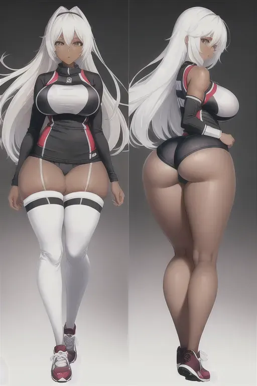 Dark skin, long legs, ass, big boobs, big thighs, thighsex, white hair, full body, bloomers, volleyball outfit, thin waist
