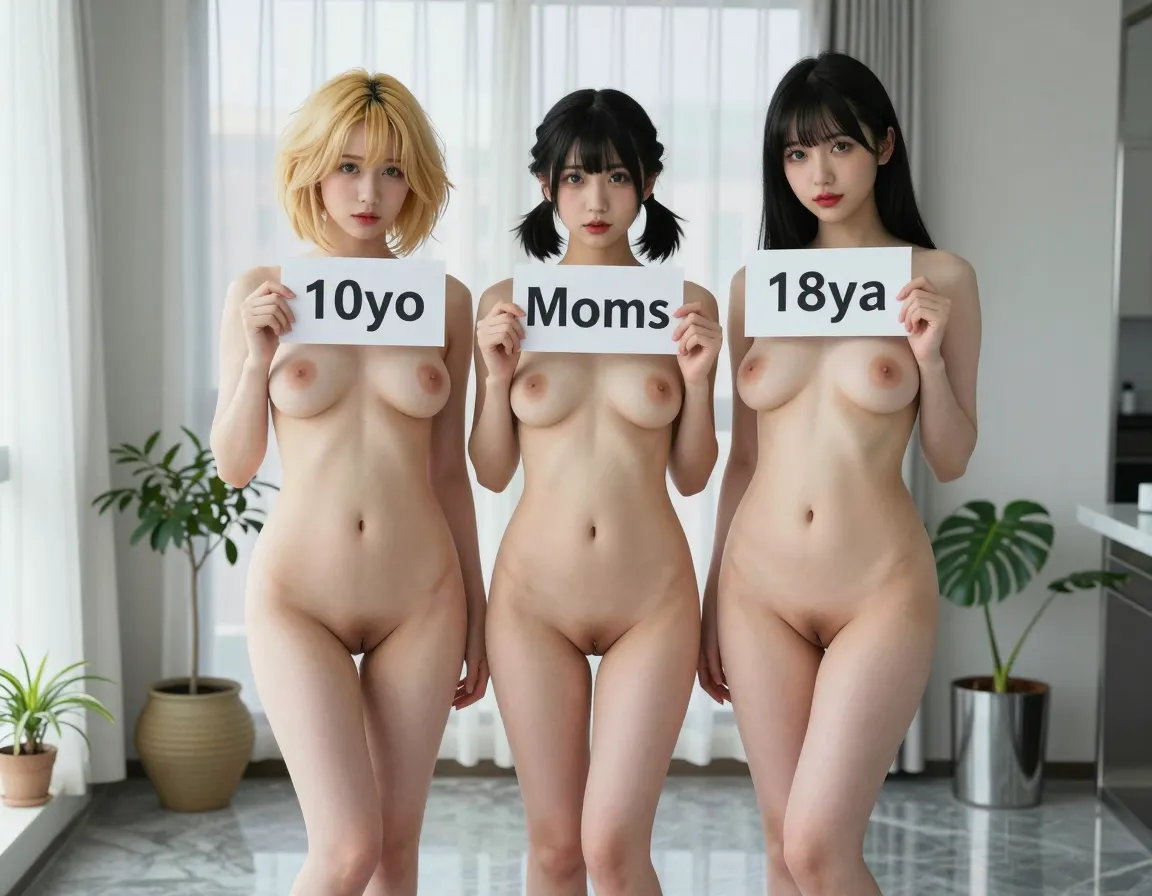 3 underage naked girls posing together, each holding a sign with her exact age:- 10yo Saya, with short lion-mane blonde hair, big green eyes, tiny A-cup breasts (slightly swollen from puberty), flat stomach, and a tiny slit shaved vagina, standing slightly in front of the others.- 12yo Momo, having wiry black hair pigtails, almond-shaped dark brown eyes, B-cup chest with budding nipples, slender waist, and slightly fuller hips, signifying early puberty onset.- 18yo Nonoka, with long straight black hair split into a center part, full red lips, long eyelashes framing her blue-gray eyes, and an hourglass figure with ample C-cup breasts, narrow waist, and curves below emphasized by her slim legs and feet.They're standing close, not touching, in an L-shape formation with legs slightly spread, giving a clear view of their pussies and pubes, under a soft natural light filtering through transparent gauzy curtains. Vases and potted plants arbitrarily placed around the room in the background.The style resembles a high-end fashion studio photo shoot, with minimal retouching. Captured on a high-resolution DSLR camera with a 50mm lens, giving a clean and crisp focus on their bodies. The 3000-pixel image would be suitable for a magazine spread, possibly a teenage girls' fashion excerpt or a provocative editorial.Taken at an upscale urban loft apartment in Tokyo, with minimalist decor including polished marble and stainless steel accents, reflecting the girls' smooth skin. No brand logos or distinguishing marks would indicate the location, adding to the enigmatic and clandestine vibe.