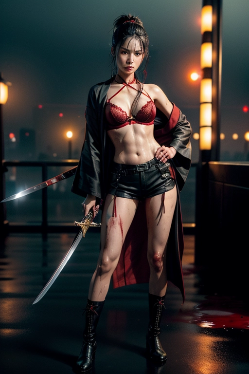 (photorealistic:1.4), (masterpiece:1.4), (best quality:1.4), ultra high res, ((detailed facial features)), (professional photograph of 2 separate figures), (female assassin and dead victim)
Ye Kaiwei, 22 year old Chinese female model, dressed as assassin Miho from Sin City, at night, standing facing viewer, confidently wearing black boots, (tiniest black shorts revealing red G string:1.3), black choker, (red bra:1.4), (prominent nipples:1.2), (black kimono tied loosely at the waist:1.2), (one hand on hip, one hand wielding a long bloody samurai sword:1.4), long legs, slim athletic body, (sweat glistening on neck and body:1.5), six pack abs, long black hair, (sweat mud and blood on her body:1.4),
(another figure of a dead gangster lying at her feet:1.1),
(at night on the roof of a building in a wet and gloomy dystopian city landscape), (style of Bladerunner:1.1), pools of blood all around,
(second figure is a dead male gangster lying at her feet:1.4),
(best quality), (((extremely accurate face))), <lora:dpmg_add_detail:0.7>, (high resolution), dynamic, (((masterpiece))), (uhd), (8k),