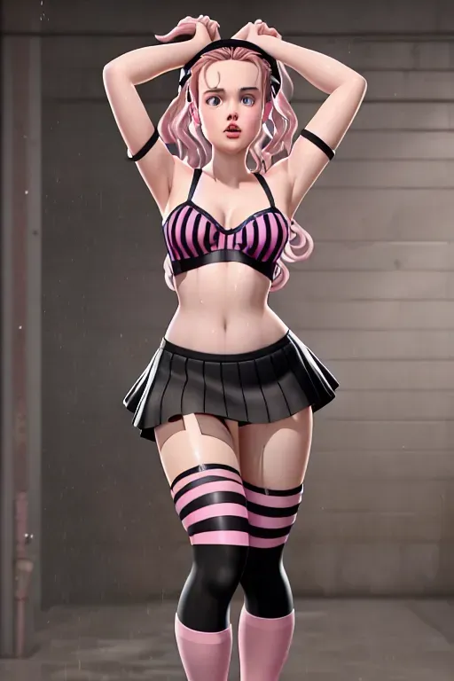 dpmg_katherine_langford_v1 full body Photorealistic anime girl standing with arms at her side wearing stretchy strappy bralette, micro skirt, wet panties, pink and black striped thigh high socks, and long milkmaid hairstyle