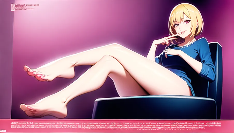 a woman licking the finger tip of her index finger just before turning the page of a magazine, sitting with her legs crossed and dangling a wedge off her toe, the arch of her foot is accentuated by the manner in which her legs are crossed