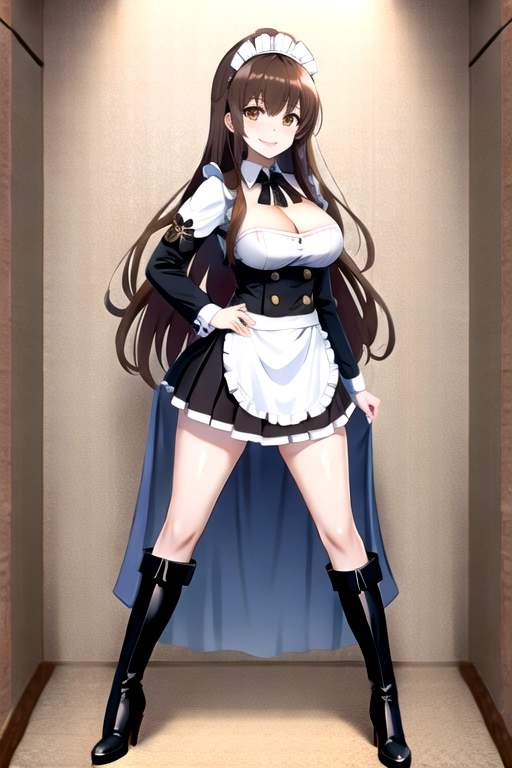 8k quality, brown eyes, pale white skin, brown hair, giant breasts, cleavage, looking at viewer, pov, long hair, wavy hair, full body photo, standing in room, smiling, black maid uniform, miniskirt, high heels, black knee high boots