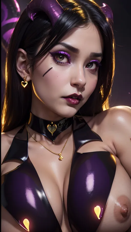 best quality, (((ultra high res))), (detailed face and eyes), hearts, perfect face, heart choker, golden earrings, jewelry, purple glowing heart, black latex, purple heart necklace, (topless), (((succubus))), horns, tail, snake coiling, perfect tits, (huge tits), (golden snake), ((heart nipple patches)), black hair