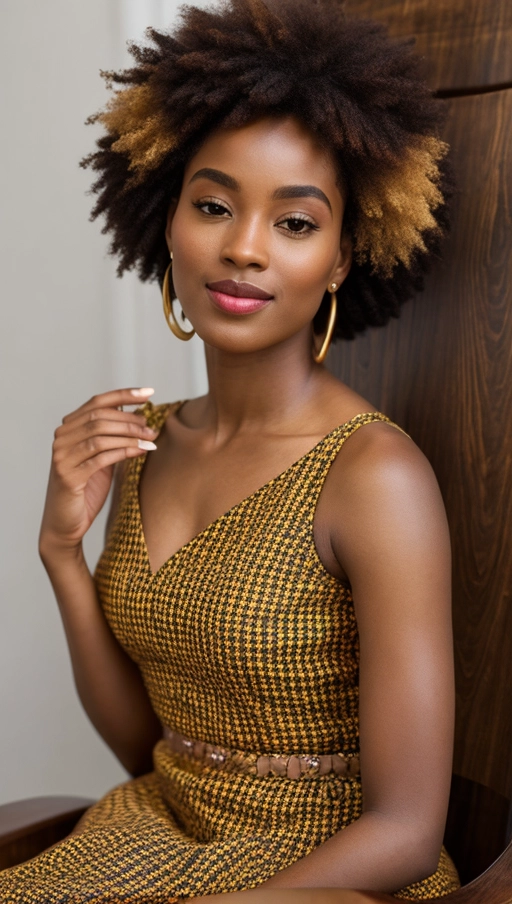 Origin - Ghana, Age - 28 years old, Body shape - Athletic, Position and Pose - Seated on an antique wooden chair facing slightly to the left with one hand resting on the arm of the chair and the other bringing a small, delicate flower to her nose as if smelling its fragrance, Face - Oval with high cheekbones, Eyes - Almond-shaped, deep brown, Nose - Broad and well-defined, Mouth - Full lips slightly parted in a serene smile, Hair color - Black with subtle mahogany highlights, Hairstyle - Bantu knots meticulously arranged to frame the face, Dressing style - Afro-futurism incorporating traditional Kente cloth in a modern, asymmetrical dress design with vibrant colors predominating, Emotion - A mix of contemplation and subtle joy as if lost in a fond memory, Camera - DSLR, Angle - Eye level, Level of close-up - Medium shot capturing the model from the waist up to include the detail of the dress and the pose, Lighting - Natural light with a golden hour glow to enhance the warm tones of the scene and skin, Camera settings - Aperture f2.8 for a soft background blur emphasizing the model and flower, Shutter speed 1-200 to capture the fine details without blur, ISO 100 for natural light conditions ensuring vivid colors and contrast.