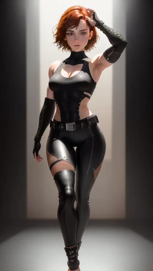 (((a highly detailed full body 8k photo of))), Short red hair, freckles, green eyes, serious face, black leather tank top, black leather pants, elbow length gloves, leather belt, 8k resolution, high definition, cinematic lighting, athletic body, smol, small breasts, photoshoot, flexing, perfect lighting, 8k digital photo, masterpiece, perfect lighting, 8k quality, ultra real skin texture, realistic hair, realistic skin, realistic eyes, detailed eyes, dilated pupils, accurate breasts, realistic, very realistic, ultra definition, ultra quality, (((ultra realistic))), (((artistic angle))), photorealistic, healthy, ultra realistic skin, realistic hair, pretty teeth, textured skin, ultra detail, lightly glistening with sweat, (face freckles), body freckles, pretty feet, pretty calves, pretty thighs, pretty abs, shaved legs, shaved armpits, ((perfect pretty face)), (accurate eyes), accurate teeth, accurate mouth, professional lighting, bokeh, ((accurate hair color)), (5 pretty toes on each foot), (five pretty fingers on each hand), (cute ears), detailed fingernails, detailed toenails, ((black background))
