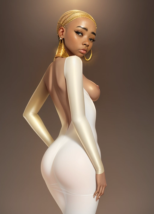 nude woman 18, (boondocks), african american, average breast, large dark areola big ass, erotically looking into the camera, diamond stud earrings, light gold necklace, egyption sheer white gown