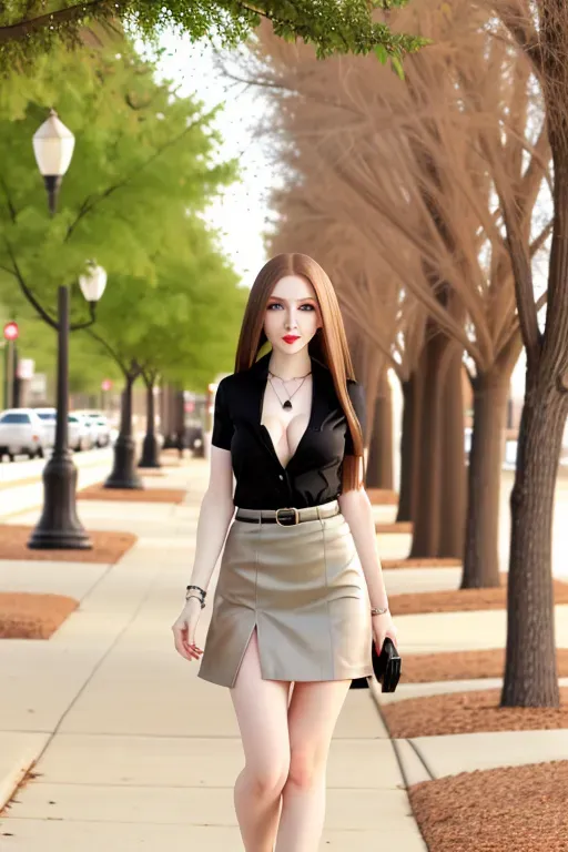 full body, chestnut hair, green eyes, short girl, gray miniskirt, black high heels, looking at viewer, long hair, pale skin, black necklace, black shirt, 24 years old, big breasts, cute face, pov, wavy hair, city environment, Oklahoma City, wide eyes, erotic