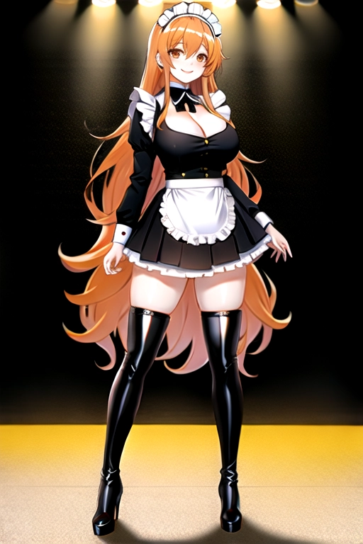 8k quality, brown eyes, pale white skin, orange hair, giant breasts, cleavage, looking at viewer, pov, long hair, wavy hair, full body photo, standing in room, smiling, black maid uniform, miniskirt, high heels, black knee high boots, black choker