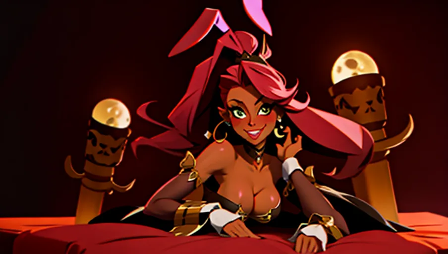 rabbit girl with small tits, posing on bed, jizzed in the face. Pirate Gangbang