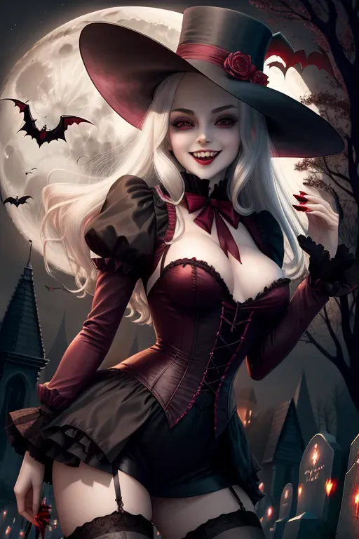 Sexy vampire girl, sinister smile, 1boy, full moon, graveyard, Victorian era, scary, gore, blood running down on breasts, small breasts, showing vampire teeth,