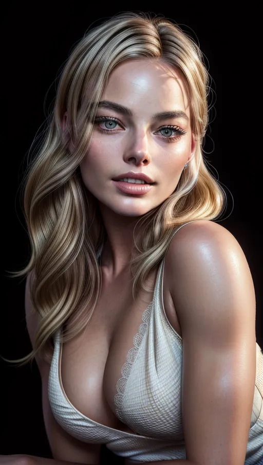 A high resolution highly detailed portrait photography of Margot Robbie , seductive smile, glamorous hairstyle, cleavage,
wearing a white tank top,
realistic detailed hair, realistic detailed skin, realistic detailed eyelashes, detailed eyes,
professional makeup, accurate skin,
accurate eyes, accurate teeth, accurate mouth, accurate skin color, accurate skin tone,accurate hair color, accurate hair tone,
pretty teeth, textured skin, pores,
masterpiece, crystal clear, subsurface scattering, professional lighting, black background,
<lora:dpmg_add_detail:1>,
(RAW photo:1.2),
(photorealistic:1.4),
(masterpiece:1.4),
(best quality: 1.2),