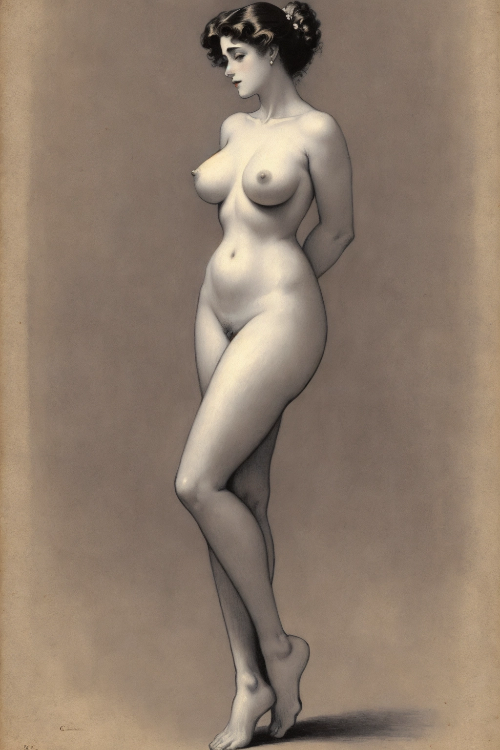 (((erotic art illustration in the style of a painting by Charles Dana Gibson))) of a Gibson girl, nude, ((full-body image)), hair in up do, natural pubic hair