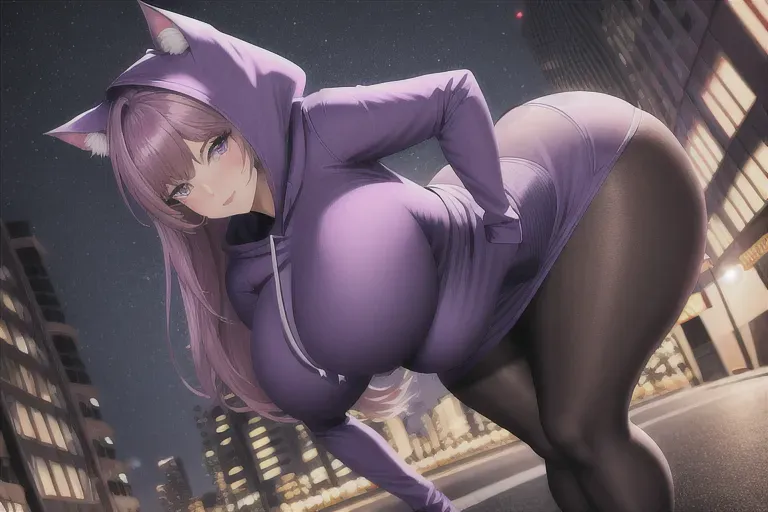 digital painting, 25 year old, a cat girl, thicc, hoodie, purple, street, night, street lights, serious, 8k, professional