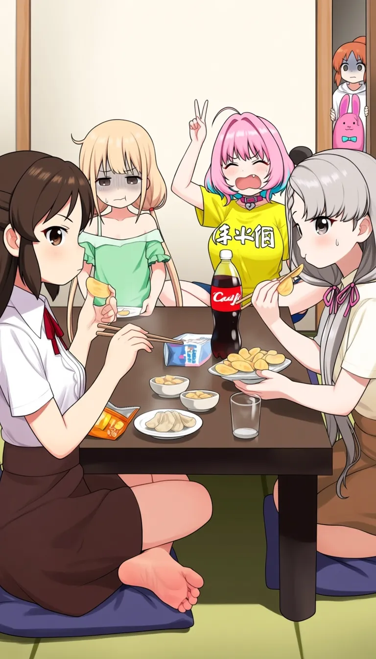 masterpiece, best quality, good quality. abe nana, futaba anzu, hisakawa nagi, tachibana arisu, yumemi riamu, 5girls, :t, ^ ^, arm up, bag of chips, barefoot, black shorts, blonde hair, blue hair, blue shorts, bow, braid, braided bangs, breasts, brown eyes, brown hair, brown skirt, chips (food), chopsticks, closed eyes, closed mouth, clothes writing, collared shirt, cup, dress, drinking glass, dumpling, eating, food, green bow, green dress, grey eyes, grey hair, hair bow, hair over shoulder, hair ribbon, high-waist skirt, holding, holding chopsticks, holding cup, holding plate, jiaozi, long hair, low twintails, medium breasts, multicolored hair, multiple girls, neck ribbon, off shoulder, open door, open mouth, pink hair, pink ribbon, plate, ponytail, potato chips, profile, red ribbon, ribbon, shirt, short sleeves, shorts, sitting, skirt, soda bottle, soles, stuffed animal, stuffed rabbit, stuffed toy, sweat, table, turn pale, twintails, two-tone hair, v, v-shaped eyebrows, very long hair, white shirt, yellow shirt