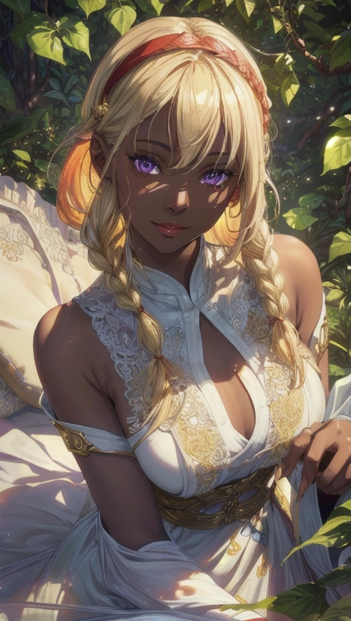 (Best quality, high quality wide angle landscape wallpaper, high res, 4k, HDR, UHD), 1 naked mature adult woman, (a breathtaking masterpiece of extreme close up portrait of a dark skin adult woman sitting in a druidic room full of vines and leaves), (pale blonde short yellow hair with red hairband and braided to one side, extremely sexy white qi pao:1.2),
(correct slender human anatomy with dark skin, nude with intricate white chinese dress), (extremely detailed purple eyes:1.25), (extremely detailed view of her mature face with happy expression:1.38), (beautiful detailed full lips smiling happily:1.28), ((extremely zoomed in detailed view of realistic adult face with dark skin:1.35)), naked shoulders,
(very soft natural lighting creating a peaceful scene), high contrast, abstract feel, ethereal, sensual pose, five slender fingers,
soft daylight, vivid colours, close up cinematic composition view of a mature adult woman, soft focus, sharp and clear image, (candid:1.1), (flat shading stylised art:1.27), <lora:dpmg_add_detail:0.45>, (physically-based ray tracing, photon mapping, photorealistic:1.35), ((high resolution masterpiece, 4K, HDR, UHD:1.45)), trending on artstation, (pale blonde hair and yellow braid to one side, dark skin), a fantasy druidic room full of vines and leaves, fireflies
