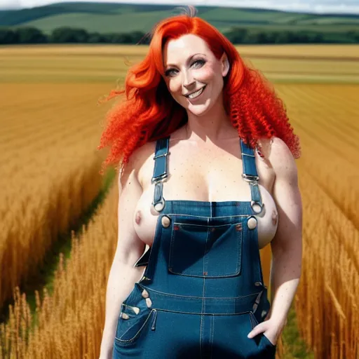 woman wearing nothing but overalls, big tits, standing in field, sunbeams, freckles, red hair, smiling, no t shirt, naked under overalls, topless, breasts exposed, hands out touching the field, head looking up, view from the side,