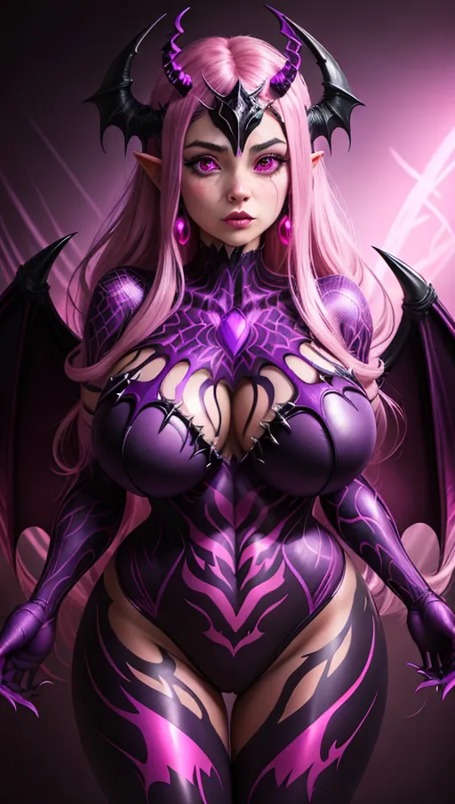 best quality, ultra high res, detailed face and eyes, perfect face, big shining heart choker, earrings, jewelry, very long voluminous hair, (pink glowing hair:1.2), lipstick, purple long sleeves, purple glowing heart, demon mark, straight hair, (huge boobs:1.3), black demon horns, very very long hair, perfect face and eyes, straight hair, sexy succubus girl, pink glowing eyes, (demon wings:1.4), big glowing cameltoe, (purple corrupted symbiote suit:1.5), dark background, (pink glowing demon diadem:1.4), (dark spiked crown:1.2), (thick succubus tail:1.3), demon tail, (pink glowing heart pasties:1.2), standing straight, shiny leather, purple leather skin, purple skin